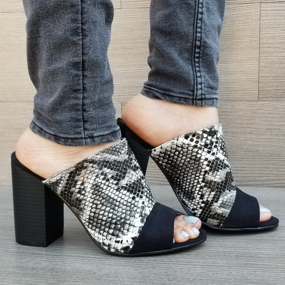 Shoes - Snake Print Open Toe Slip on Chunky High Heel